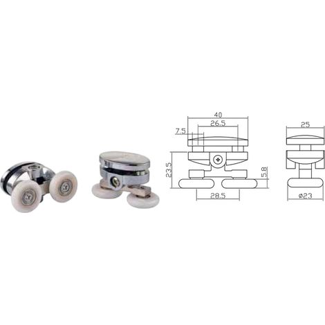 Coppia Cuscinetti Doppia Ruota Attacco Superiore ABS Cromato Box Doccia – Ø23 mm – Foro 9 mm – Interasse 26,5 mm