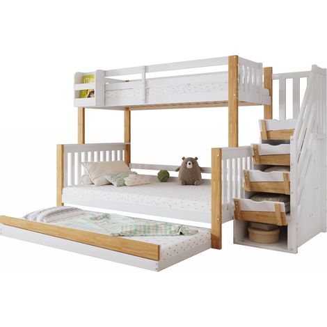 Lit superposé enfant avec lit gigogne, escalier de rangement et 4 casiers, pour 3 couchages, 90x200 et 120x200 cm, blanc et bois - CHICFURN (1/5)