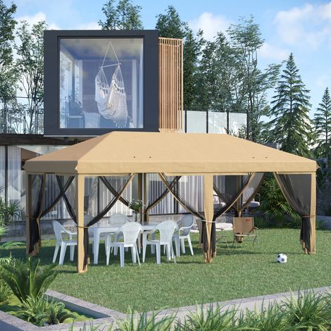 Tente pliante 6x3 Beige m jardin pavé 6 moustiquaires sac transport cadre acier camping