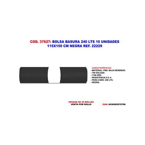 BOLSA BASURA NEGRA 240 L 10 UNIDADES 115 X 150 CM FLOWER REF. 22229