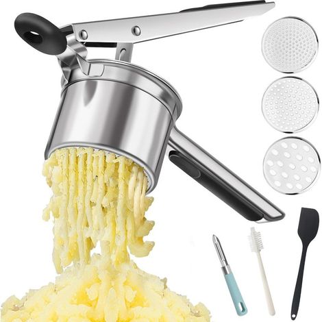Manueller Kartoffelstampfer aus Edelstahl, Gemüsepresse mit 3 austauschbaren Scheiben, ideal für feines Kartoffelpüree, Gnocchi, Obst und Babynahrung, ergonomischer, rutschfester und robuster Griff (1/5)
