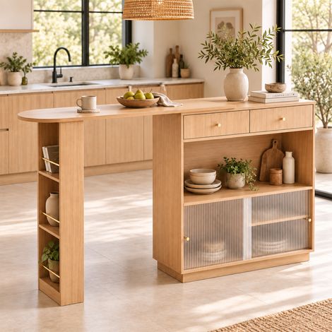 Isla de cocina con barra giratoria 360° y almacenaje LED, 183 cm máx., roble REDOM (1/5)