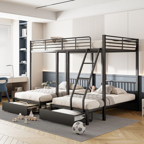 Lit Superposé Métal - Transformable en 3 lits - 140x200cm et 2x90x200cm - Noir - EN747 Certifié (1/5)