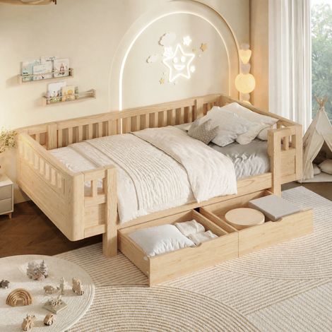 Cama infantil 90x200 cm con 2 cajones grandes y barrera de protección alta, color madera HAVRYA (1/5)