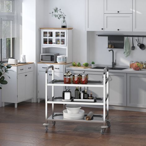 Chariot de cuisine 3 étagères inox - 90,5×50,5×88,2 cm - chariot professionnel - 4 roues freins et plaquets anticollision - couleur argentée