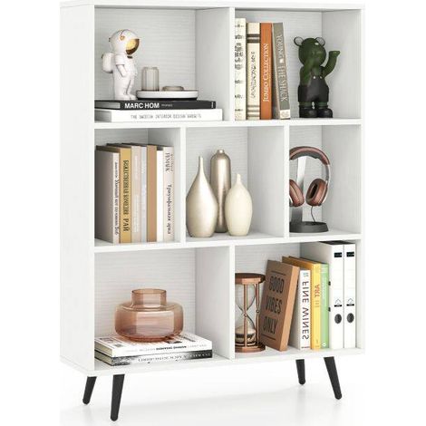 7-Cube Bookcase Mid Century Modern Storage Organizer with 4 Tapered Metal Legs-White (1/5)