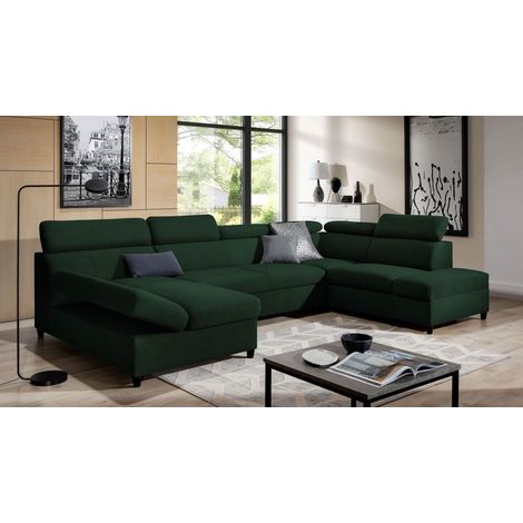 Wohnlandschaft Schlafsofa Sofa ANTON in Stoff Esito Dunkelgrün Ottomane Links (1/4)