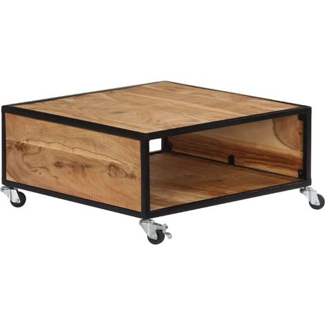 Table basse carrée sur roulettes acacia massif clair Amanda 70cm (1/5)