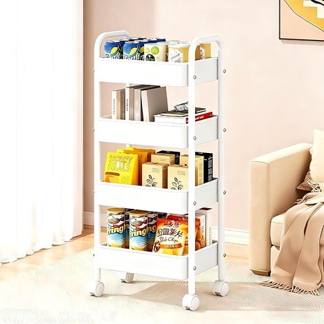 Chariot de Rangement en métal à 4 Niveaux sur roulettes, Cuisine Chariot de Rangement Multifonctionnel pour Bureau, Salon, la Salle de Bain, 40 30 102cm, Blanc (1/5)