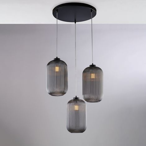 Krizia – Pendelleuchte schwarz, Glas grau verspiegelt mit Streifendekor, Ø47, 3-flammig – BL310-S3-SP