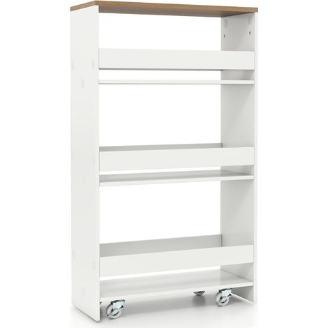 4-Tier Rolling Storage Cart 20cm Slim Kitchen Cart on Wheels with Open Shelves and Handle-White