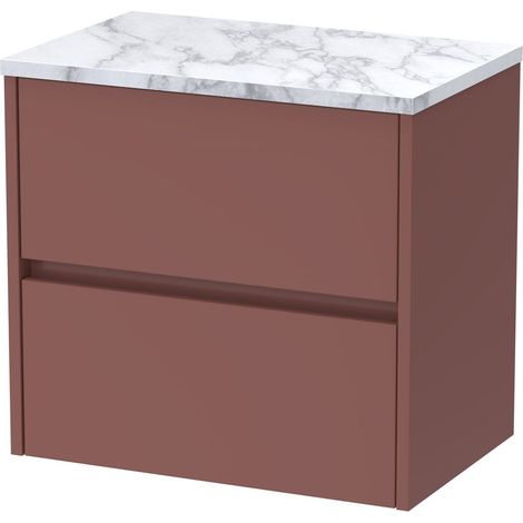 Chartley Contemporary Wall Hung 2 Drawer Vanity Unit with Carrera Marble Laminate Worktop, 600mm, Smoked Red (1/4)