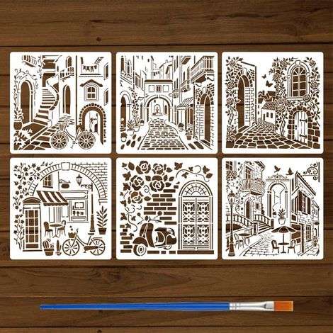 6Pièces Pochoirs Bâtiments Avec Un Pinceau 30x30cm Modèle De Dessin Vue De Rue Pochoirs Décoratifs Paysage Urbain Réutilisables pour Mur, Bois, Décoration Intérieure, Projet DIY (1/5)