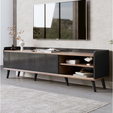Mobile TV 160x40x58 cm nero e legno in truciolato con 2 porte scorrevoli e 2 cassetti (1/5)