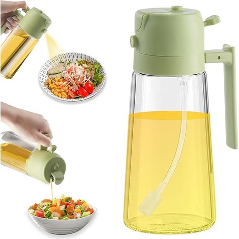 Distributeur d'huile d'olive 2 en 1 et vaporisateur d'huile. Bouteille en verre de qualité supérieure avec bec verseur anti-goutte. Idéale pour la cuisine, les salades et les barbecues. Verte, 470 ml (1/5)