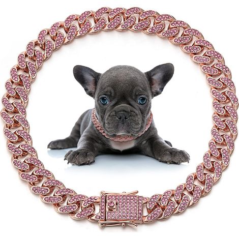 Collier pour chiot style chaîne à strass de 12 mm de large – Collier en cristal pour animal de compagnie (8 pouces, or rose, rose) (1/5)