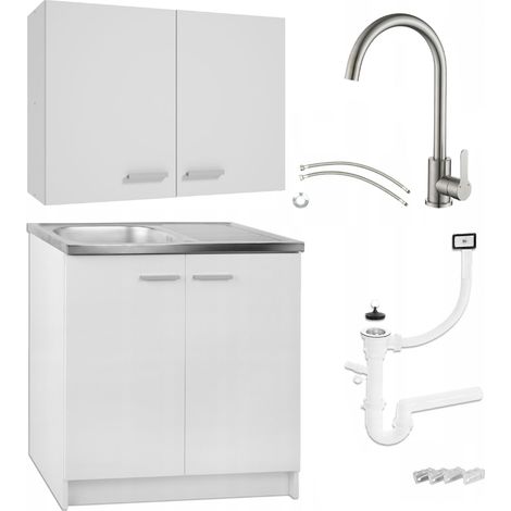 Ensemble Cuisine - Meuble Blanc 80 cm - Zink Inox et Robinet Olive - Design Moderne et Pratique