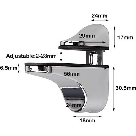 4 piezas，Abrazadera para vidrio，Soporte ajustable para estante，5,62,45 cm，Plateado，Para estantes de vidrio y madera de 3 a 18 mm de grosor (1/4)