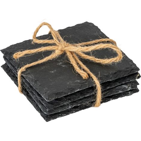 Square Slate Coasters (Set of 4) - Stone - L10 x W10 x H4 cm - Black