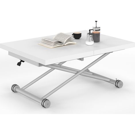 Tavolino ALTURA 100-160 cm, allungabile e trasformabile in tavolo da pranzo rettangolare, piano bianco, gambe cromate (1/5)