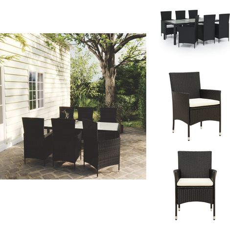 7-tlg. Garten-Essgruppe mit Auflagen Poly Rattan Schwarz - Gartengarnituren - Outdoor-Möbel - Gartenmöbel-Set - Esstisch - Gartensessel (1/5)