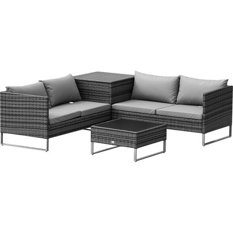 4 PCs Garden Rattan Wicker Outdoor Furniture Patio Corner Sofa Love Seat and Table Set  with Cushions Side Desk Storage - Grey