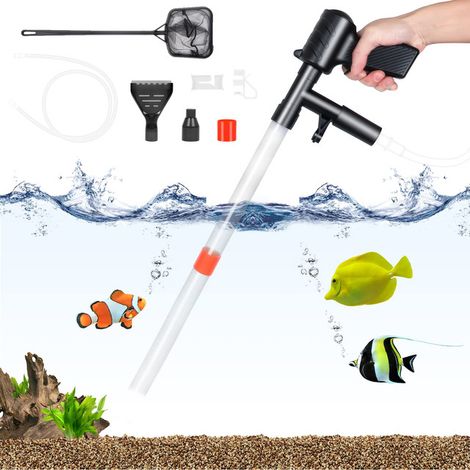 Aspirateur de gravier pour aquarium 5 en 1, siphon nettoyeur de fond avec grattoir à algues et filet de pêche, outil d'entretien pour changement d'eau et nettoyage de sable