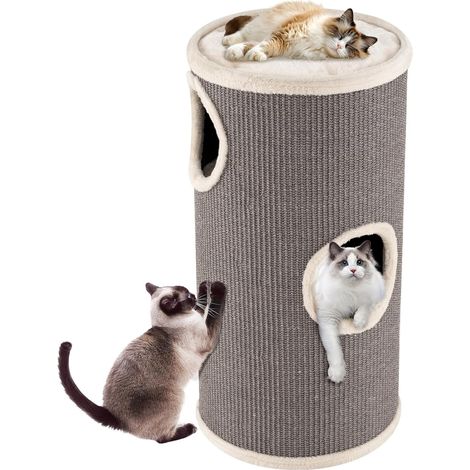 COSTWAY Tonneau Griffoir Chat à 4 Étages, Tapis à Griffer en Sisal, Tour Chat avec Coussin, 3 Grandes Entrées, Passage Intérieur, Arbre à Chaton, Chaque Couche Charge 15 kg (36 x 36 x 70 cm,Gris) (1/5)