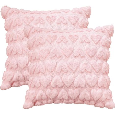 JSSEVN - Set of 2 pink plush jacquard cushion covers with heart pattern, 45x45 cm, for sofa, living room decoration (1/5)