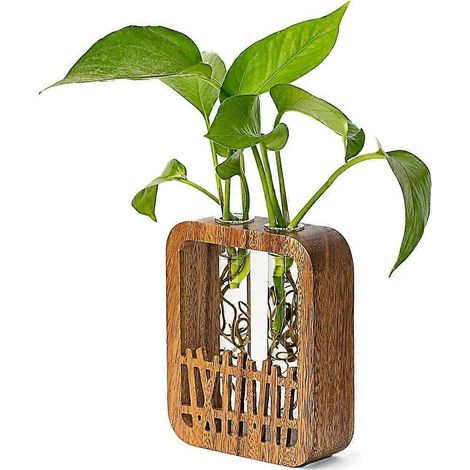 Terrarium en bois de noyer - Vase en verre avec 2 tubes à essai et support pour plantes de style bohème, idéal pour la culture hydroponique et la décoration de bureau à la maison ou au travail. (1/5)