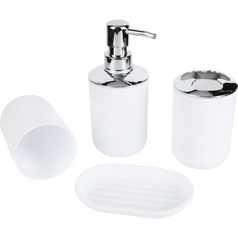 4-teiliges Badezimmer-Accessoire-Set: Lotionflasche aus Kunststoff, Aufbewahrungsbehälter, Mundspülbecher, weiße Seifenschale (1/5)
