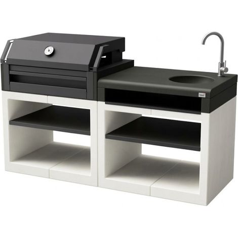 Barbacoa de Obra + Modulo Fregadero Kitaway Otte 168x63x101 cm con Grill 64x48,5 cm Barbacoa de Hormigón Blanca/Negra (1/5)