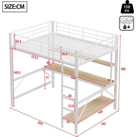 Lit mezzanine 140x200 cm - Métal - Bureau intégré - Éclairage LED - Prise USB (1/5)