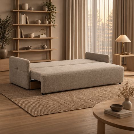 CARLA Canapé 3 places convertible en tissu taupe (1/5)