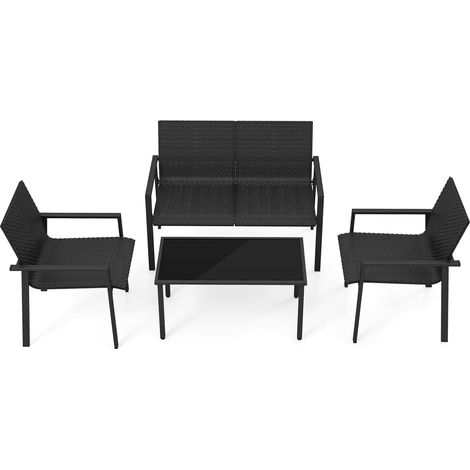 COSTWAY Salon de Jardin 4 Pièces en Osier Charge 150-300KG, Ensemble de Meubles de Patio avec Cadre en Métal Galvanisé et Table Basse en Verre Trempé pour Patio Balcon Terrasse (Noir) (1/5)