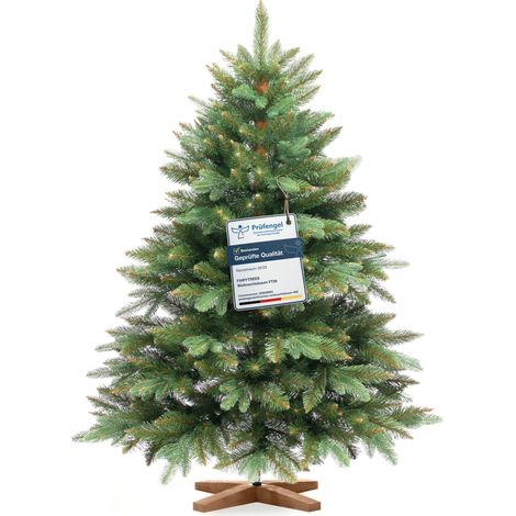 Sapin de Noël artificiel Nordmann 120 cm – Branches en PE vert foncé – Pied en bois – Arbre réaliste fait main en Europe – Fairytrees