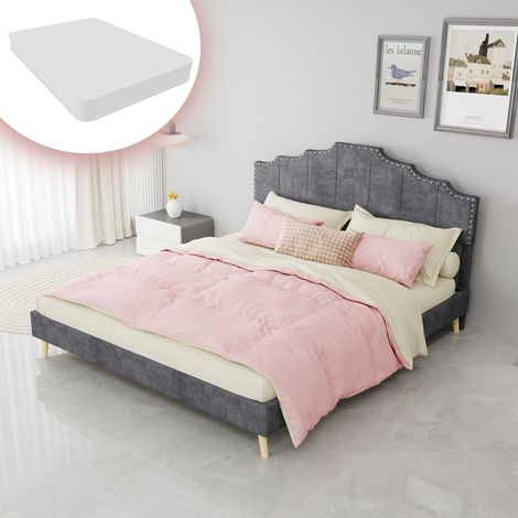 Lit double adulte 160x200 cm en tissu gris, facile à monter pour chambre, avec matelas FloraGrace (1/5)