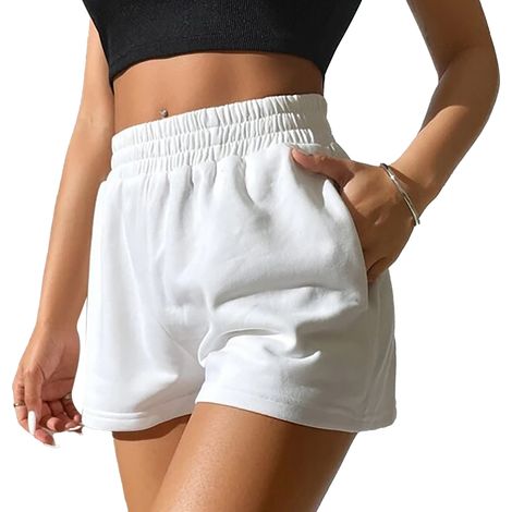 Short De Sport Pour Femme Jambe Large Taille Haute Élastique Poche Latérale Loisir Blanc XL (1/5)