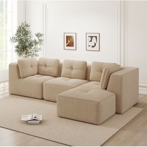 REDOM - Canapé d'angle modulaire, sans assemblage, assise basse, larges accoudoirs, tissu en velours côtelé beige (1/5)