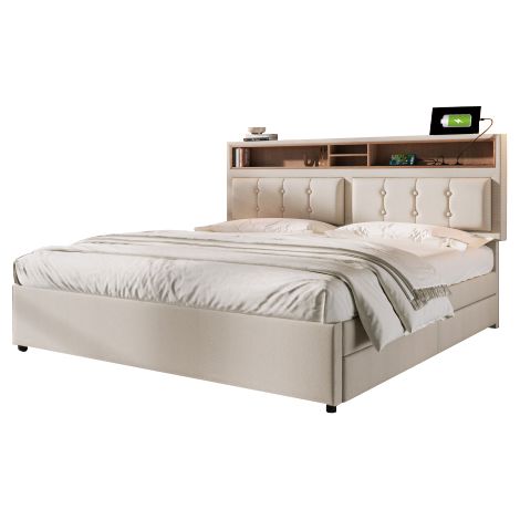 Lit double avec 4 tiroirs et prise USB-C, lit rembourré 140x200 cm, tête de lit réglable en hauteur, sommier à lattes en bois (matelas non inclus)