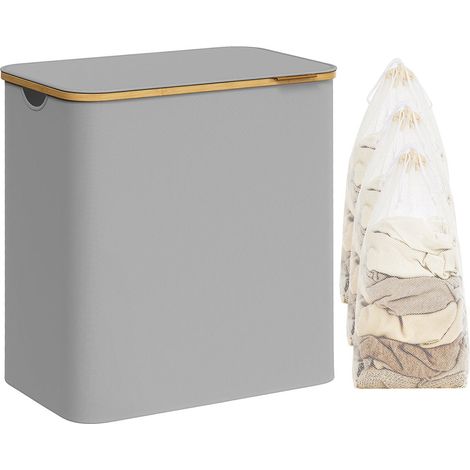 Cesto portabiancheria sottile con coperchio 65 litri salvaspazio fodera in rete rimovibile tessuto Oxford manici in bambù pieghevole grigio 120006727