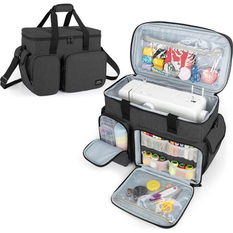 Sac Transport Machine à Coudre et Accessoires, Noir Multi-Poches, Pieds Antidérapants Caoutchouc, Bandoulière Amovible, Compatible avec / / , Sacoche Vide