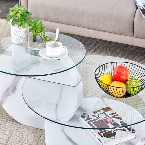 Table basse en verre de sécurité, design double niveau, structure MDF effet marbre blanc, salon moderne (1/5)