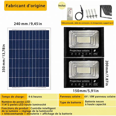 Projecteur Solaire LED Extérieur Double Lampe 65W 2x114 LED avec Panneau et Télécommande 65w 114 2 38 × 27 × 15,5 cm 1 kg – Livraison gratuite