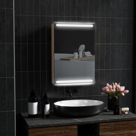 Armoire murale meuble salle de bain avec miroir, éclairage LED et étagères en verre réglables 50x12,5x70cm, bois naturel
