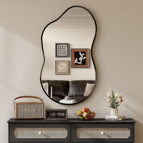 Miroir asymétrique, 50 x91 cm, Miroir Mural Ondulé Irrégulier, Noir Miroir décoratif, Verre trempé, cadre en aluminium, Miroir de maquillage unique, pour Salle de Bain, Chambre, Entrée (1/5)