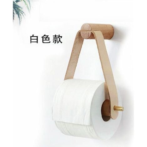 Porte-Papier Toilette au Style Rétro en Bois, pour Cuisine, Salle de Bain, WC, avec Manche en Cuivre et Cuir - Blanc (1/4)