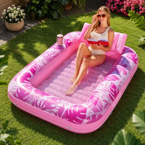 Pinkfarbener 2-Personen-Luftmatratzenpool, aufblasbares Luftbett, Schwimmring für Erwachsene, Pool-Schwimmhilfe, Wasserbettpool, schwimmendes Luftbett und Sonnenliegepool, Sonnenbank. (1/2)