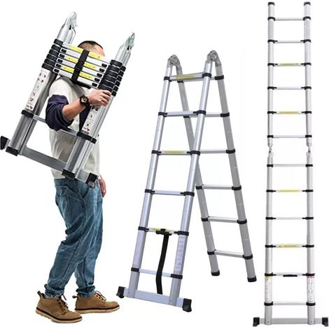 Échelle télescopique Ausziehleiter Pliable Extensible Échelle Polyvalente en Acier, 12,5 ft/3,8 m, Échelle Inox EN131 Coffre-fort Standard 330 LB capacité de chargement (1,9 m +1,9 m A-Frame Chef)