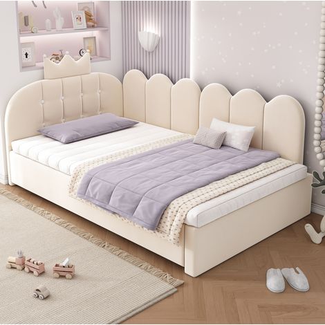Bettsofa in L-Form aus Samt Beige 90x200 cm mit Ausziehbett 90x190 cm, Kronen-Kopfteil und Lattenrost